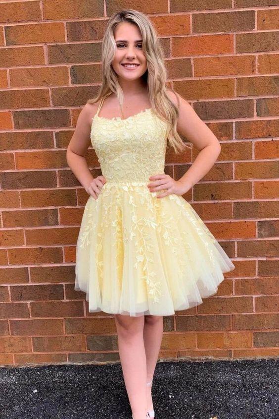 Lace Sienna Homecoming Dresses Short Yellow A-Line Appliqued Birthday Party Dress With Straps CD23730
