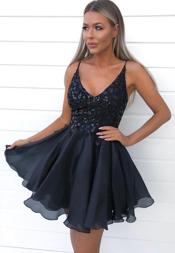 Black V Neck Sequins Short Homecoming Dresses Elvira CD23755