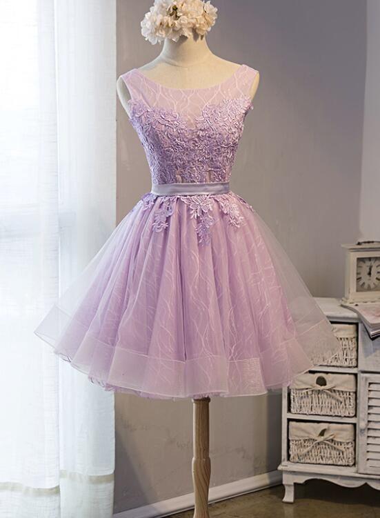 Light Homecoming Dresses Cecelia Lace Purple Short Tulle Cute Round Neckline Short Formal Dress CD23915