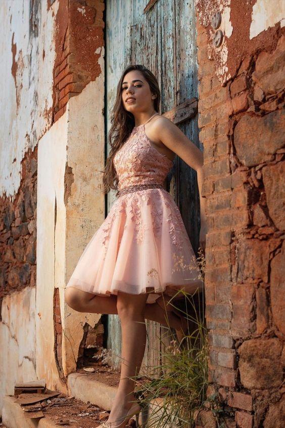 Halter Homecoming Dresses Jazlynn Pink Appliqued With Beading Belt CD24031