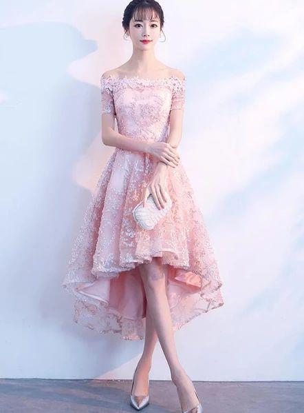 Beautiful High Low Cute Party Lace Homecoming Dresses Natalia Pink Dress CD24087