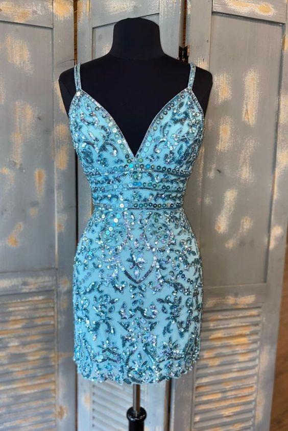 Tight Homecoming Dresses Kaitlyn Blue Sequins Short CD24124