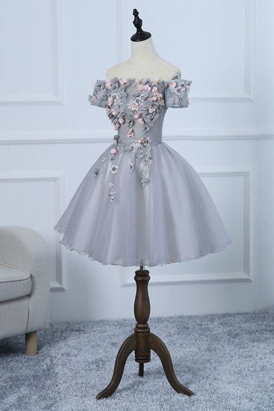 Off Jessica Homecoming Dresses The Shoulder Short A-Line Grey Party Dress With 3D Flowers CD24235