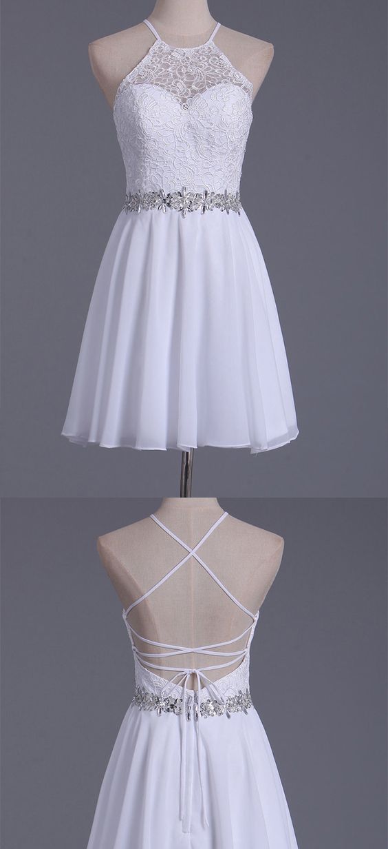 2024 White Halter & Chiffon A Line Justice Homecoming Dresses Lace Short/Mini Dress CD243