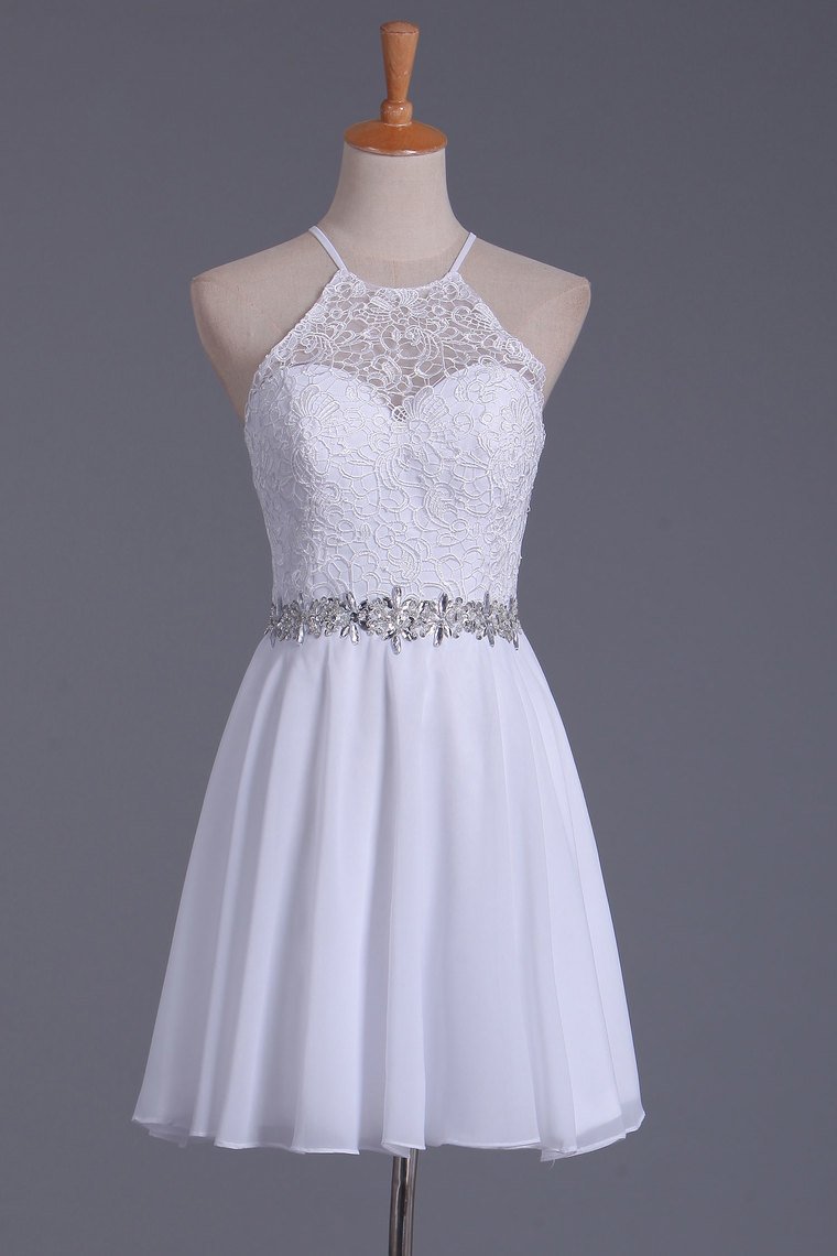 2024 White Halter & Chiffon A Line Justice Homecoming Dresses Lace Short/Mini Dress CD243