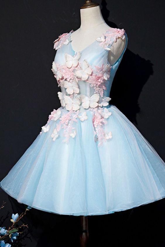 Homecoming Dresses Annika Princess Blue A-Line Short With Flowers CD24332