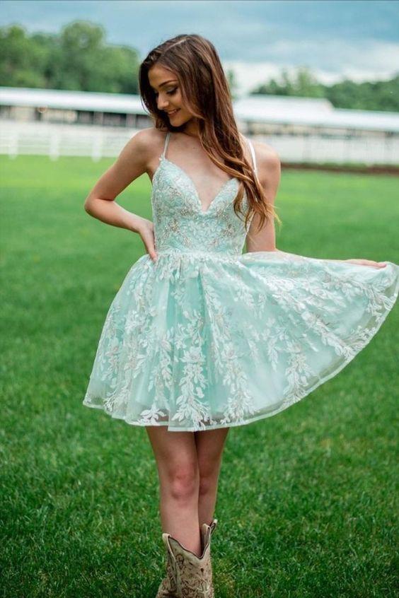 A-Line Mint Green Lace Homecoming Dresses Kennedi Short CD24382