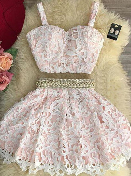 Cute Ally Lace Pink Homecoming Dresses Two Pieces Short CD244