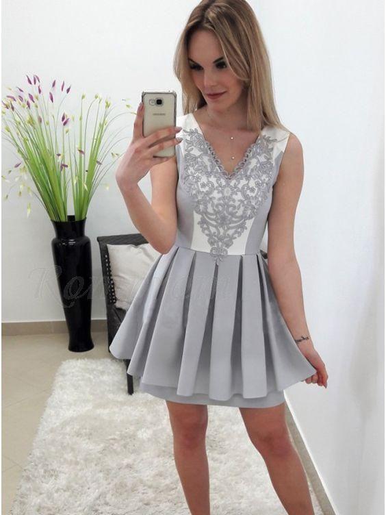A-Line V-Neck Above-Knee Grey With Appliques Homecoming Dresses Addyson Pleats CD24456