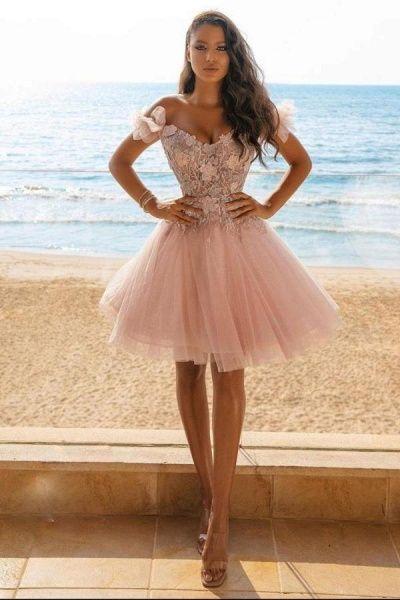A-Line Floral Tulle Off-The-Shoulder Homecoming Dresses Pink Mareli Lace Short CD24501