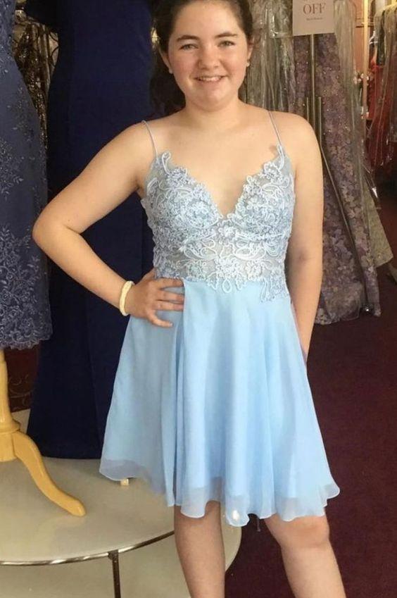 Homecoming Dresses Brianna A-Line Light Blue Short Features With Spaghetti Straps CD24531