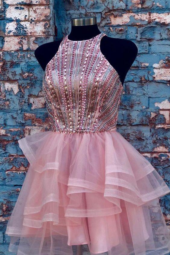 Beaded Halter Short Party Dress Pink Lorelai Homecoming Dresses CD24564