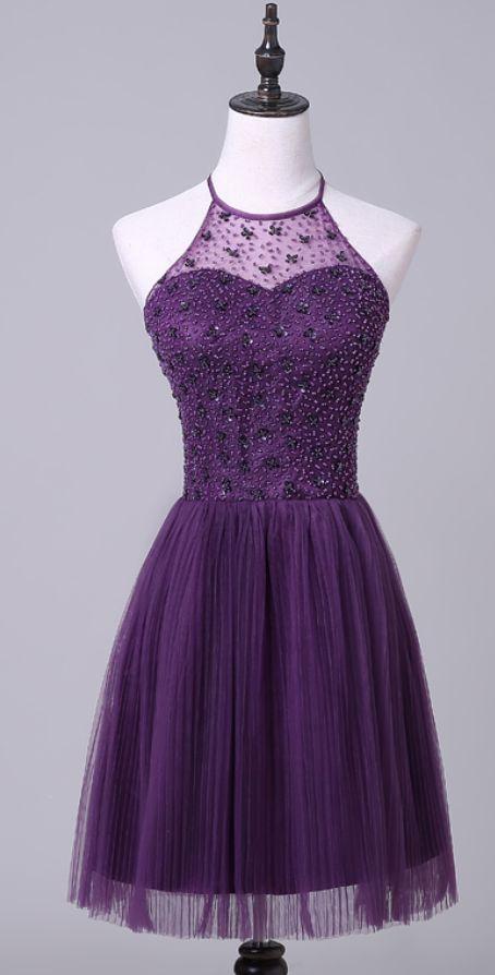 Cheap Purple Halterneck Short With Sue Homecoming Dresses Beaded CD24647