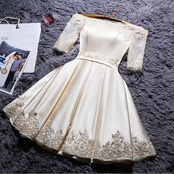 Lace Ally Homecoming Dresses White Applique Off Shoulder 3/4 Sleeve Stain CD2545