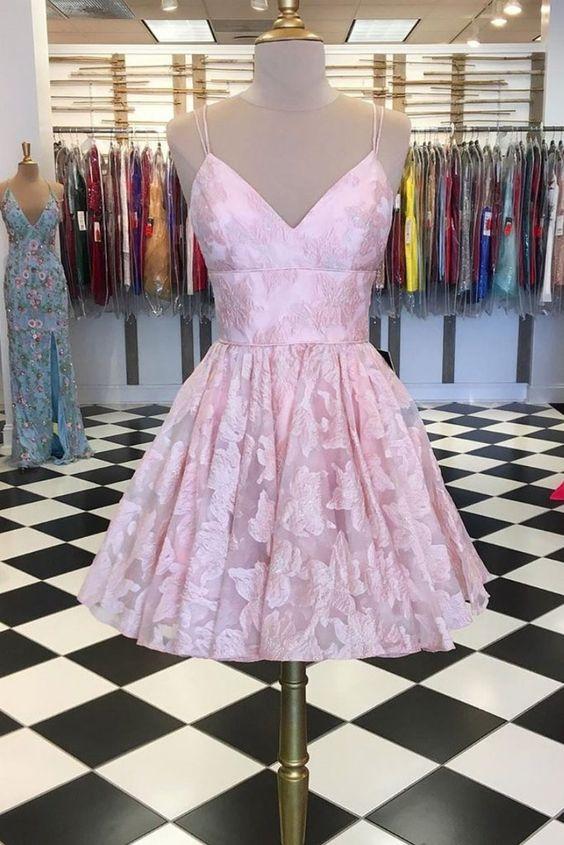 Homecoming Dresses Lace Pink Henrietta V Neck Short Dress CD2551