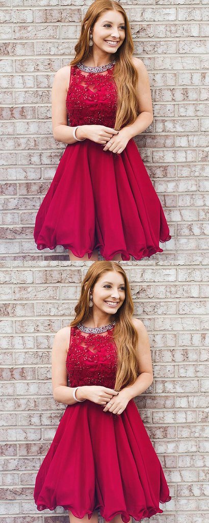 A-Line Round Neck Sleeveless Red Kassandra Homecoming Dresses With Beading CD2566