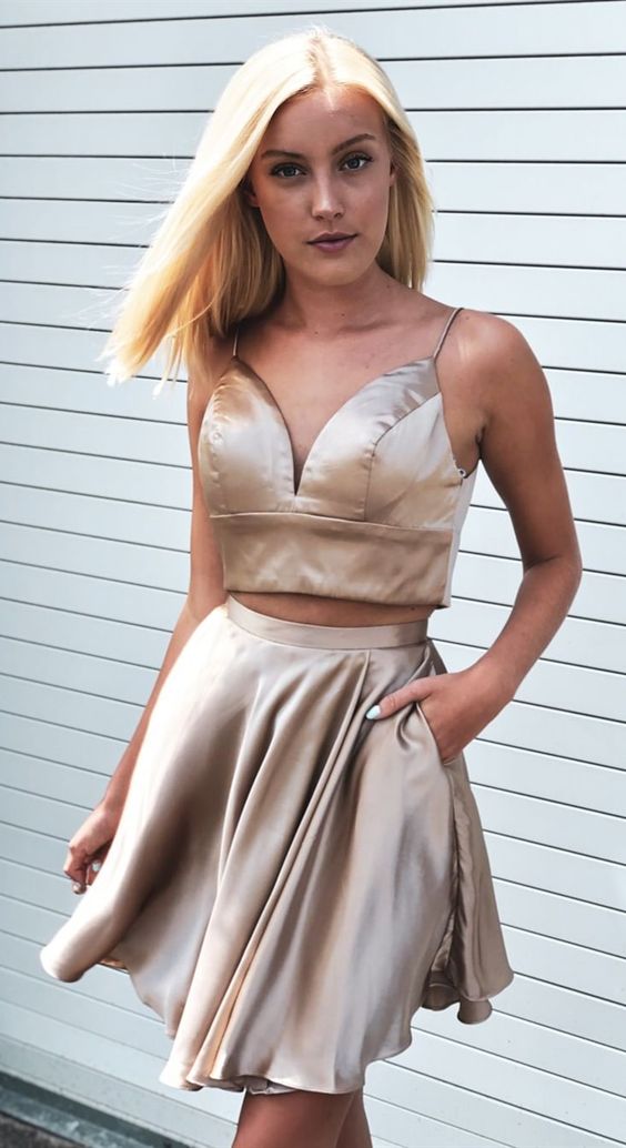 Spaghetti Homecoming Dresses Two Pieces A Line Averi Straps Champagne With Pockets CD2584