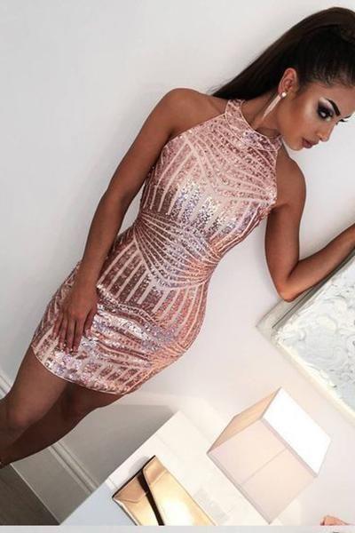 Sexy Halter Sleeveless Open Back Tight Short Homecoming Dresses Lyla Rose Gold With Sequins CD2589