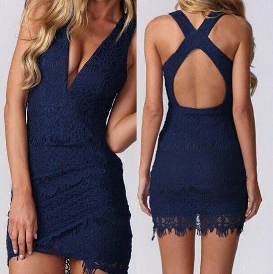 Navy Blue V Neck Homecoming Dresses Mildred Lace CD2646