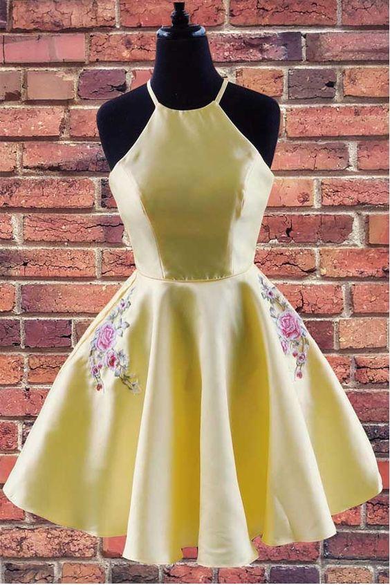 Satin Danica Homecoming Dresses Halter Embroidered Yellow With Pockets CD2788
