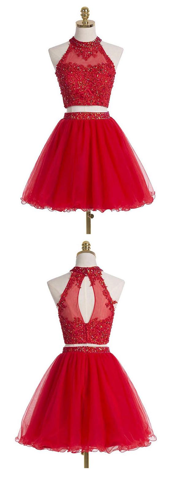 Two-Piece Scoop Short Red Organza Beaded With Homecoming Dresses Isabella Appliques Sequins CD283
