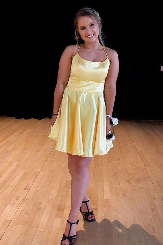 Simple Tie Back Short Yellow Miracle Homecoming Dresses CD2837