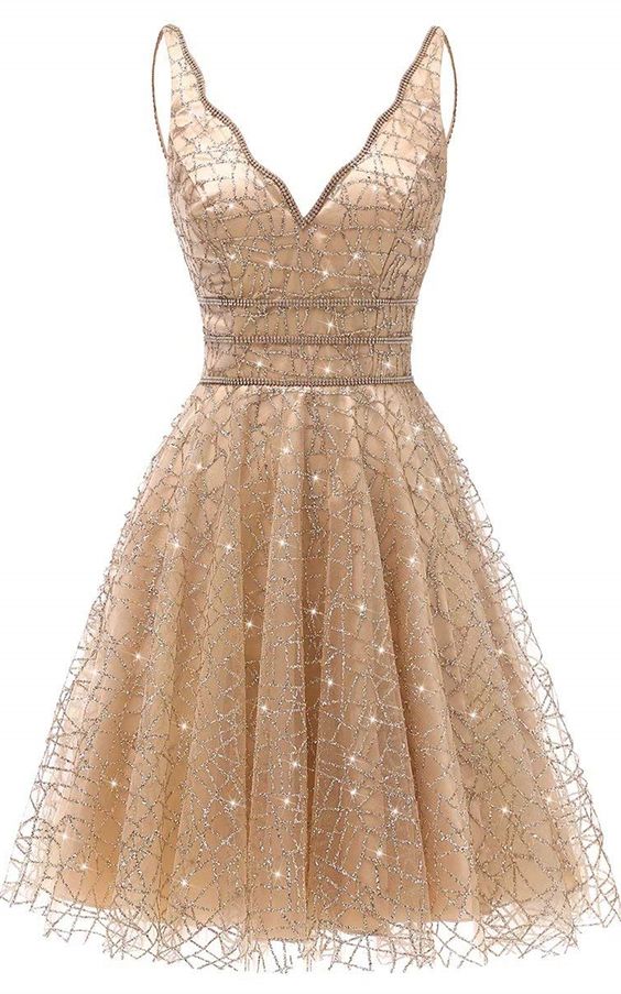 V Neck Knee Length Gold Sequins A Line Bianca Homecoming Dresses With Beading CD2843