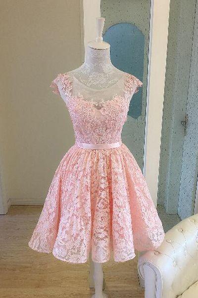High Belinda Pink Lace Homecoming Dresses Low Scoop Open Back Pearl CD2847