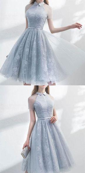 Unique Grey Tulle A-Line See Through Homecoming Dresses Briley Short Sleeves Dress Elegant Party Dress CD290