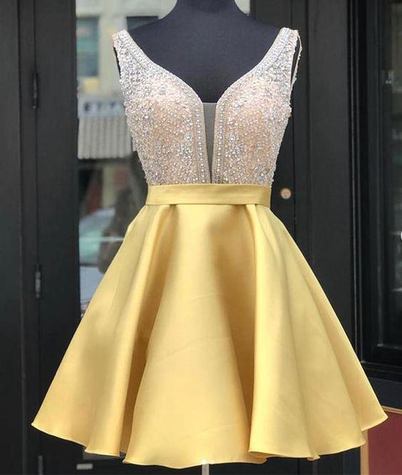 Yellow V Neck Ingrid Homecoming Dresses Sequin Short Yellow Party Dress CD292
