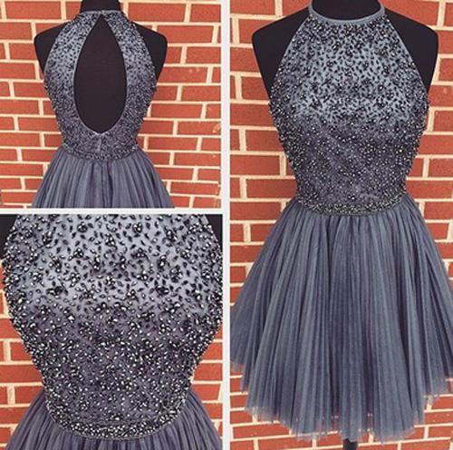 A-Line Gray Halter High Neck Beaded Short Dress Tulle Kendall Homecoming Dresses CD294
