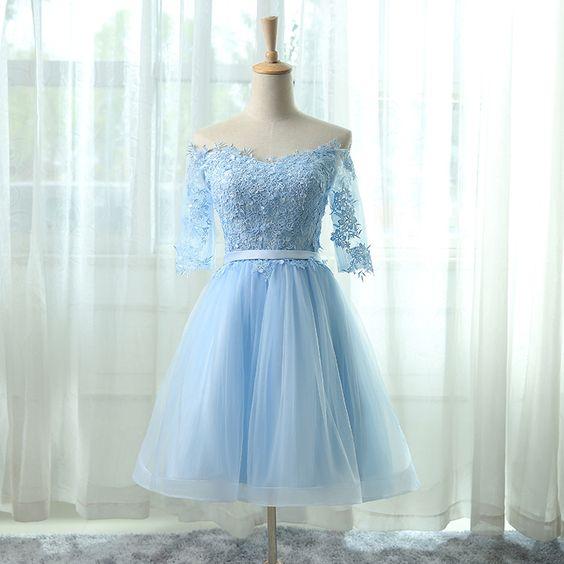 Light Lace Homecoming Dresses Hillary Blue Tulle Cockail Dress Off The Shoulder With Appliques CD2944