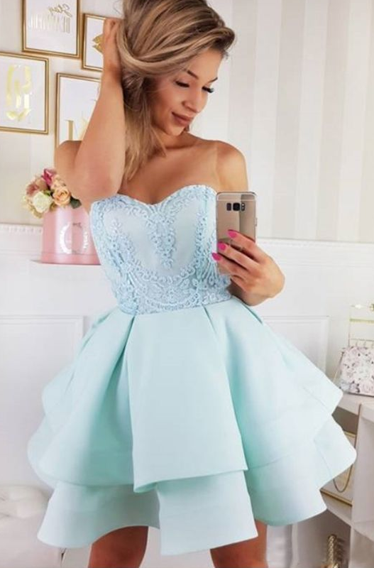 A-Line Round Neck Short Light Blue Homecoming Dresses Liberty With Appliques CD296