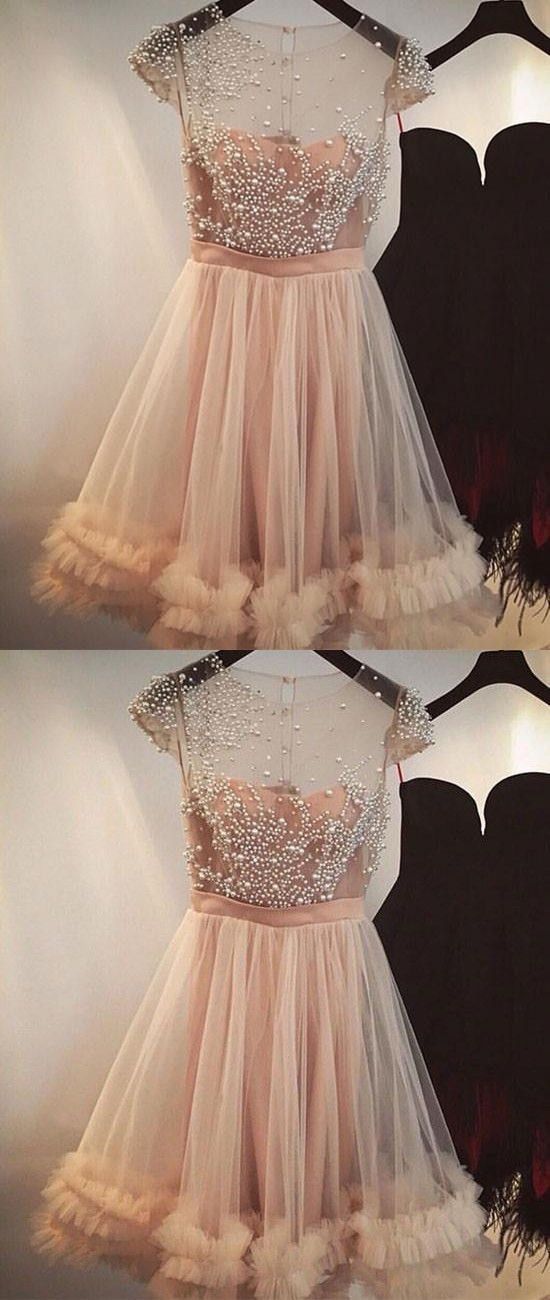 A-Line Jewel Light Champagne Homecoming Dresses Aaliyah Short With Beading CD307