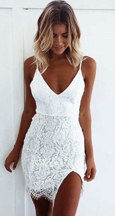 A-Line Lace Homecoming Dresses Kenley Spaghetti Straps White CD3089