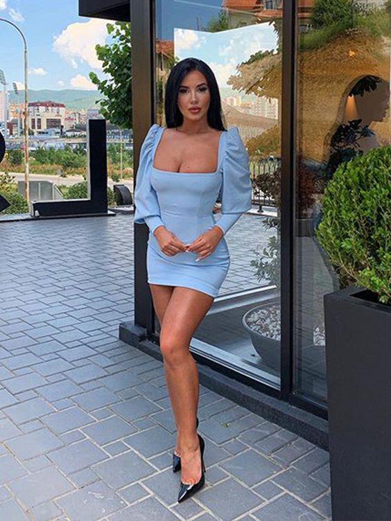 Chic Sheath Square Neck Blue Short Homecoming Dresses Maribel With Long Sleeves CD3109