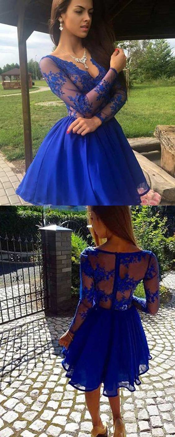 Abbey Homecoming Dresses Royal Blue Lace Long Sleeves Dresses Short Short CD314