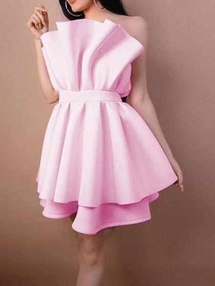 Bandeau Ruffle Trim Open Back Chic Pink Kyleigh Homecoming Dresses Women Mini CD3273