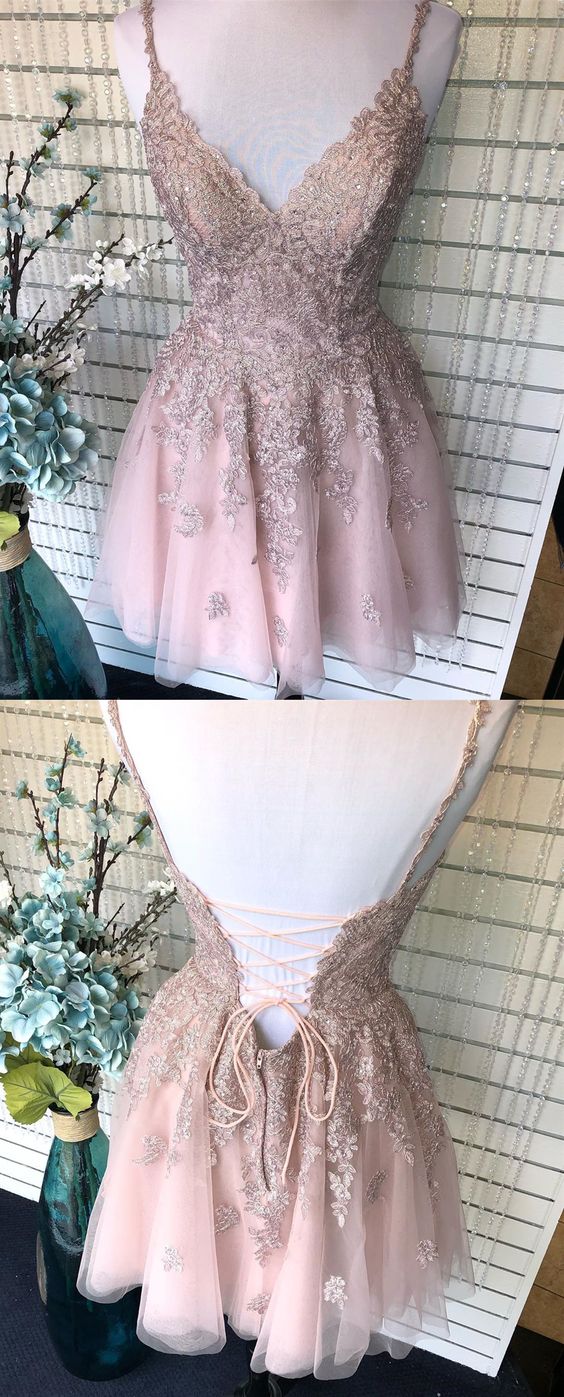 Spaghetti Straps Homecoming Dresses Fernanda A Line Blush With Appliques Beading CD3296