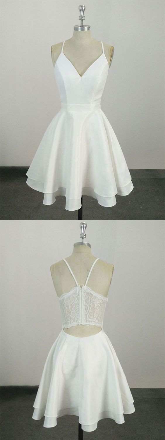 White V Neck Lace Homecoming Dresses Kiera Satin Short White CD332