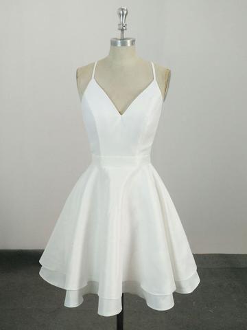 White V Neck Lace Homecoming Dresses Kiera Satin Short White CD332