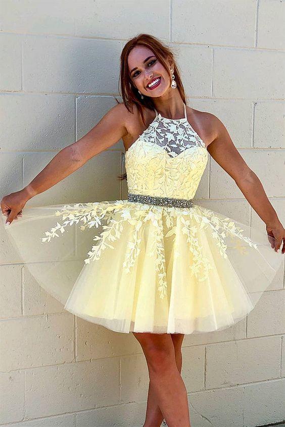 Jewel Up Back Yellow With Appliques Beading Lace A Line Araceli Homecoming Dresses CD3338