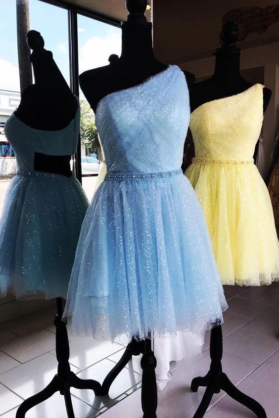 Sparkly Tulle Homecoming Dresses Macey One Shoulder Yellow CD3352