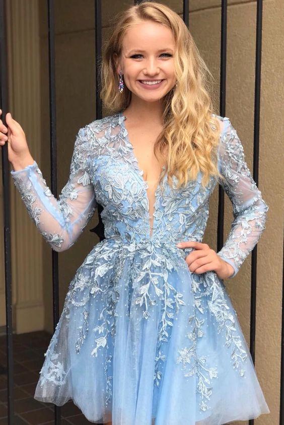 Appliqued Short Blue A Line Eden Lace Homecoming Dresses With Long Sleeves CD3456