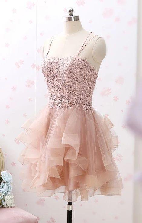 Spaghetti Lace Homecoming Dresses Kailyn Straps Tulle Mini Vintage Party Formal Dress CD3498