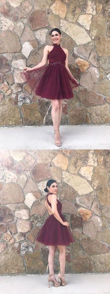 Stylish High Neck Burgundy Short With Homecoming Dresses A Line Ariella Beading CD3500