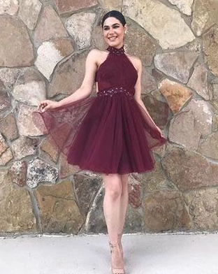 Stylish High Neck Burgundy Short With Homecoming Dresses A Line Ariella Beading CD3500