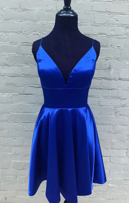 BLUE V NECK Homecoming Dresses Audrina SATIN SHORT BLUE DRESS BLUE CD3507