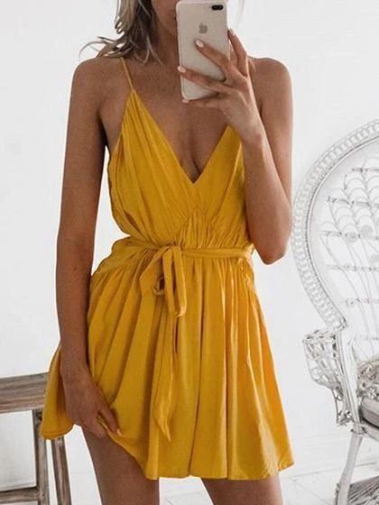 Yellow Plunge Homecoming Dresses Kinsley Tie Waist Open Back Ruched Chic Women Cami Mini CD3529