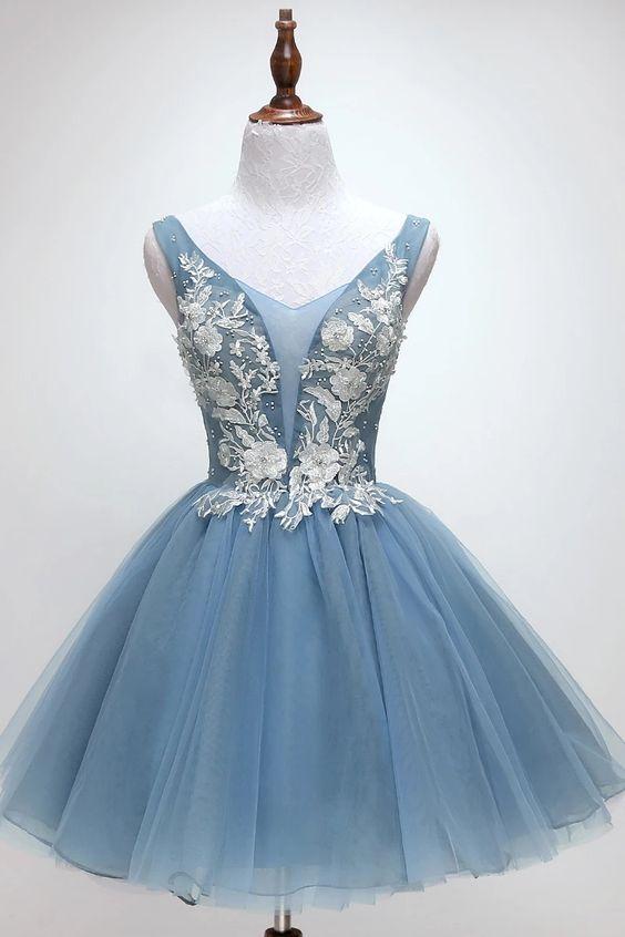 A-Line V-Neck Above-Knee Homecoming Dresses Mikayla Light Blue With Appliques Beading CD3557